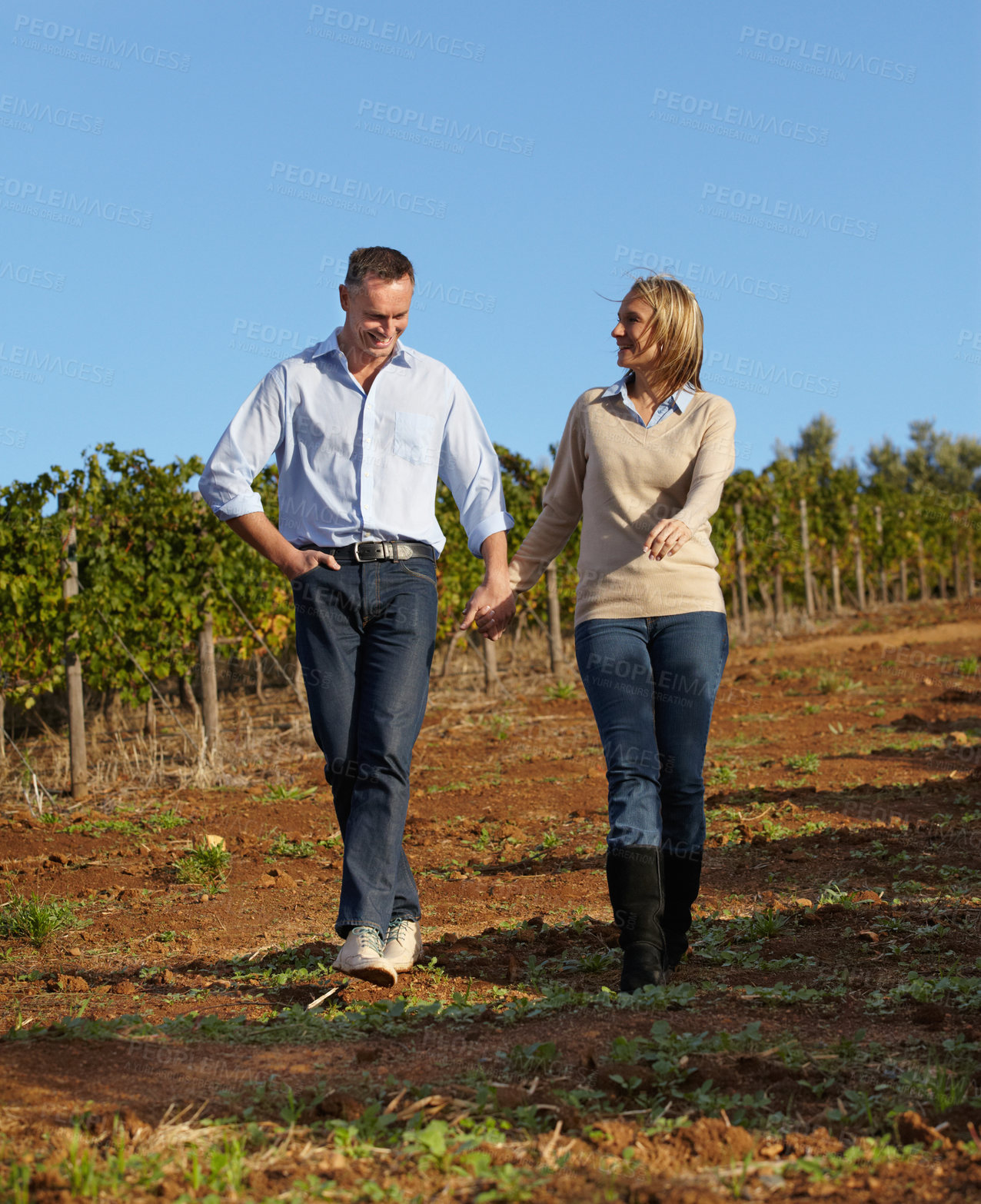 Buy stock photo A mature wine maker and his wife taking a stroll through the vineyard