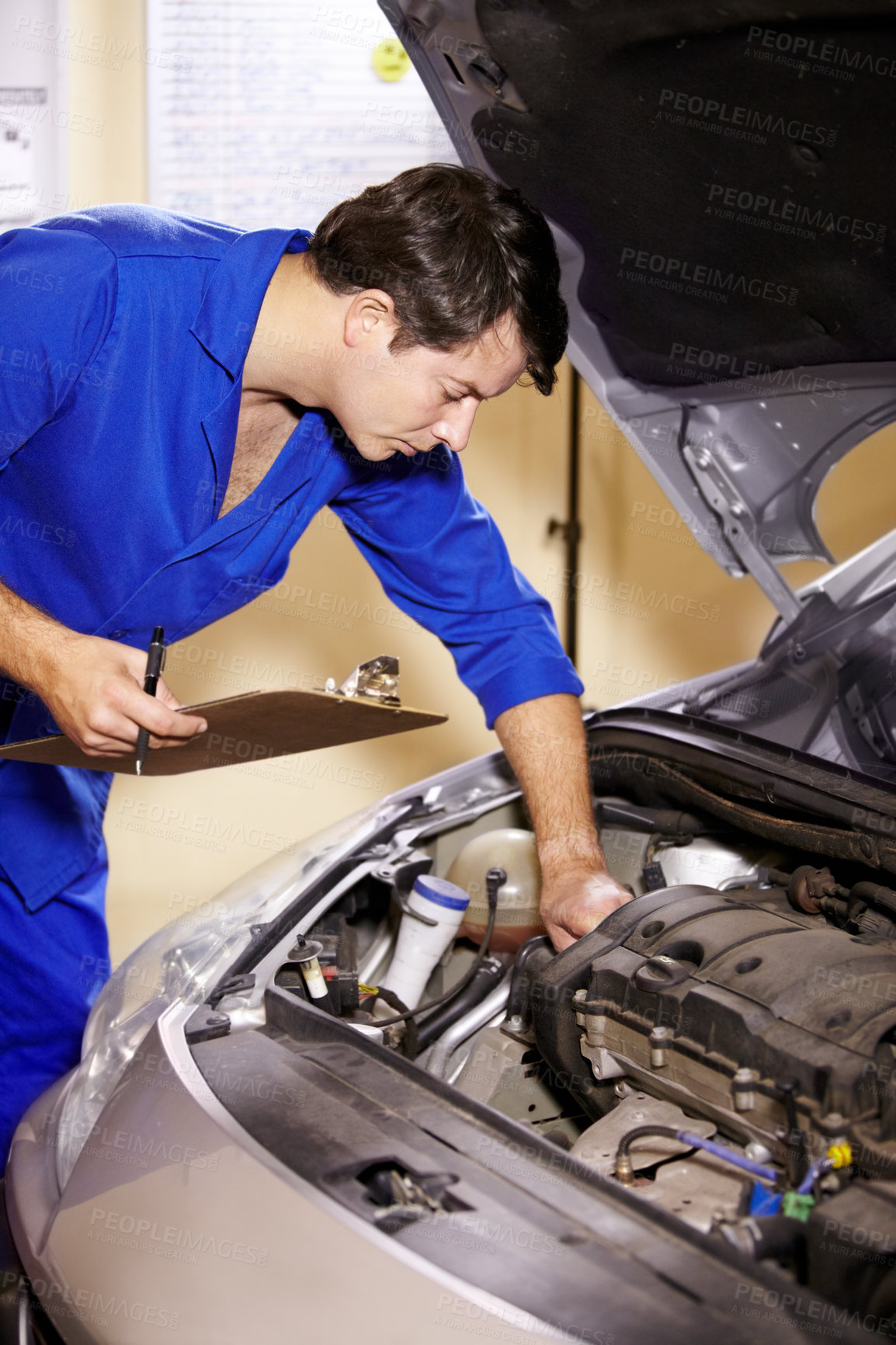 Buy stock photo Checklist, man and technician check engine of car, repair and maintenance. Clipboard, mechanic and serious person on motor vehicle hood, fixing transport and inspection list at auto service garage