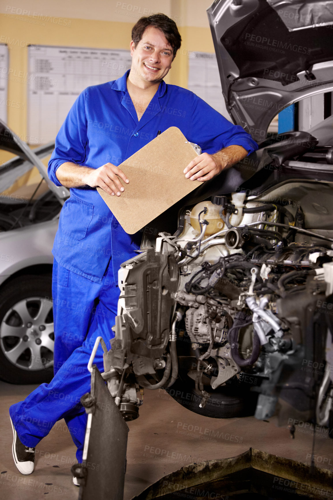 Buy stock photo Portrait, happy man and technician with checklist on engine of car, repair or maintenance. Smile, mechanic and person with clipboard on motor hood, auto service and workshop, garage or small business