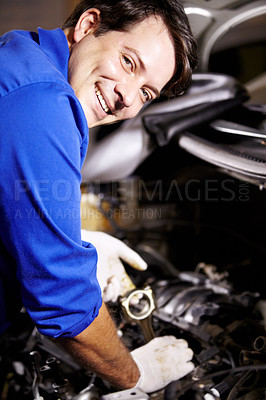 Buy stock photo Portrait, smile and mechanic check oil on engine of car, repair and maintenance. Face, technician and happy man on motor vehicle, fixing transport or auto service inspection at shop of professional