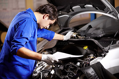 Buy stock photo Document, man and technician check engine of car, repair and maintenance. Checklist, mechanic and serious person on motor vehicle hood, inspection list or fixing transportation at auto service garage