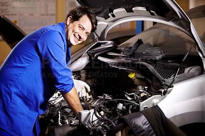 Buy stock photo Portrait, happy man and mechanic check oil on engine of car, repair and maintenance. Face, smile and technician on motor vehicle, fixing transport or inspection at auto service workshop or business
