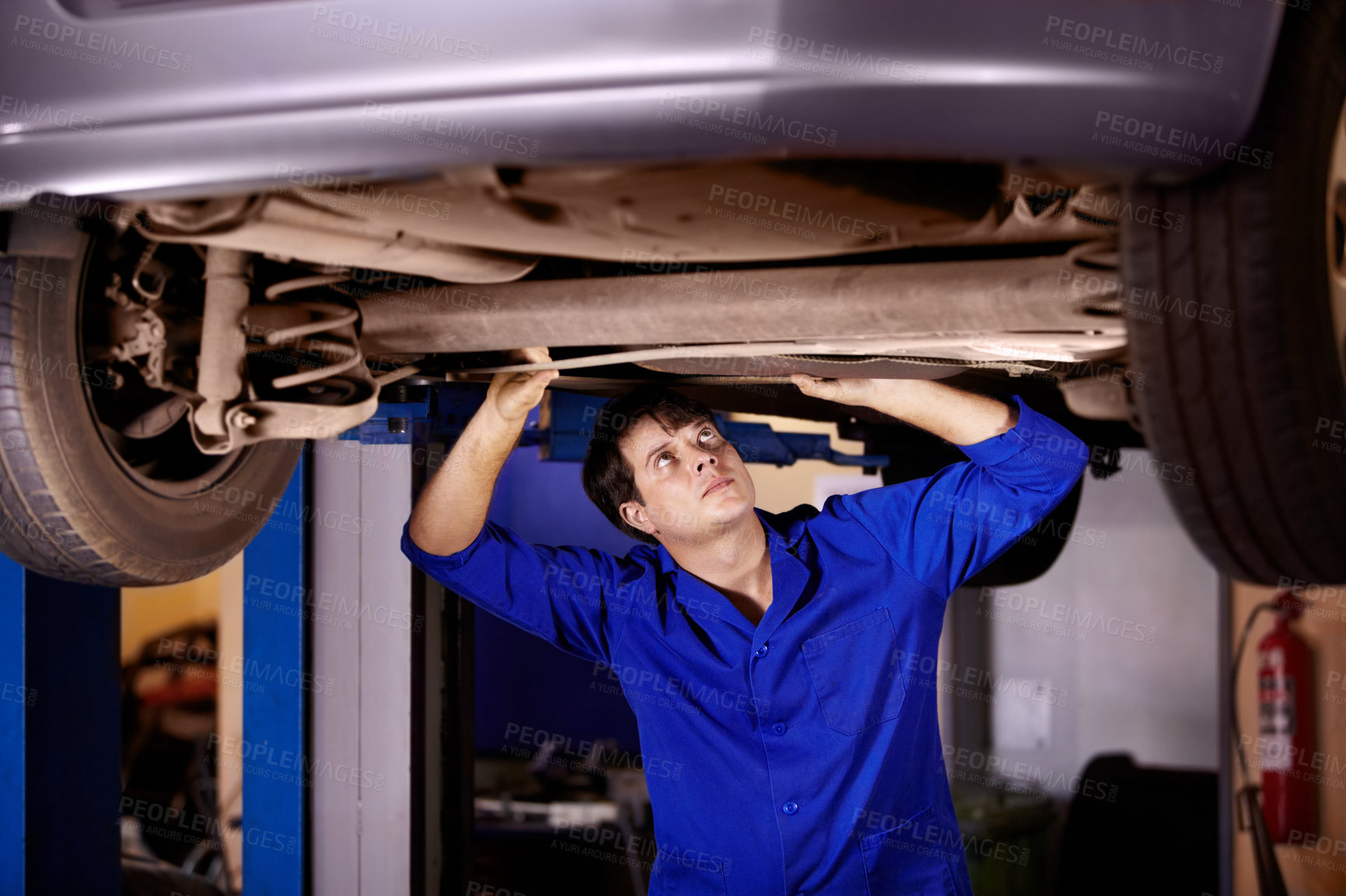 Buy stock photo Car, inspection or repair with a mechanic man in a garage for a report on a vehicle service for insurance. Maintenance, professional and a young professional engineer in a workshop for assessment