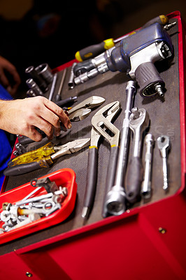 Buy stock photo Hands, mechanic and toolbox for auto service at workshop, small business or garage. Closeup, man and equipment, toolkit or metal tools of technician, engineer or expert for repair, maintenance or fix
