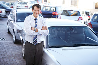 Buy stock photo Portrait, luxury and a man arms crossed at a dealership for car sale in a commercial parking lot. Business, smile and automobile trade with a happy young salesman outdoor for transport service