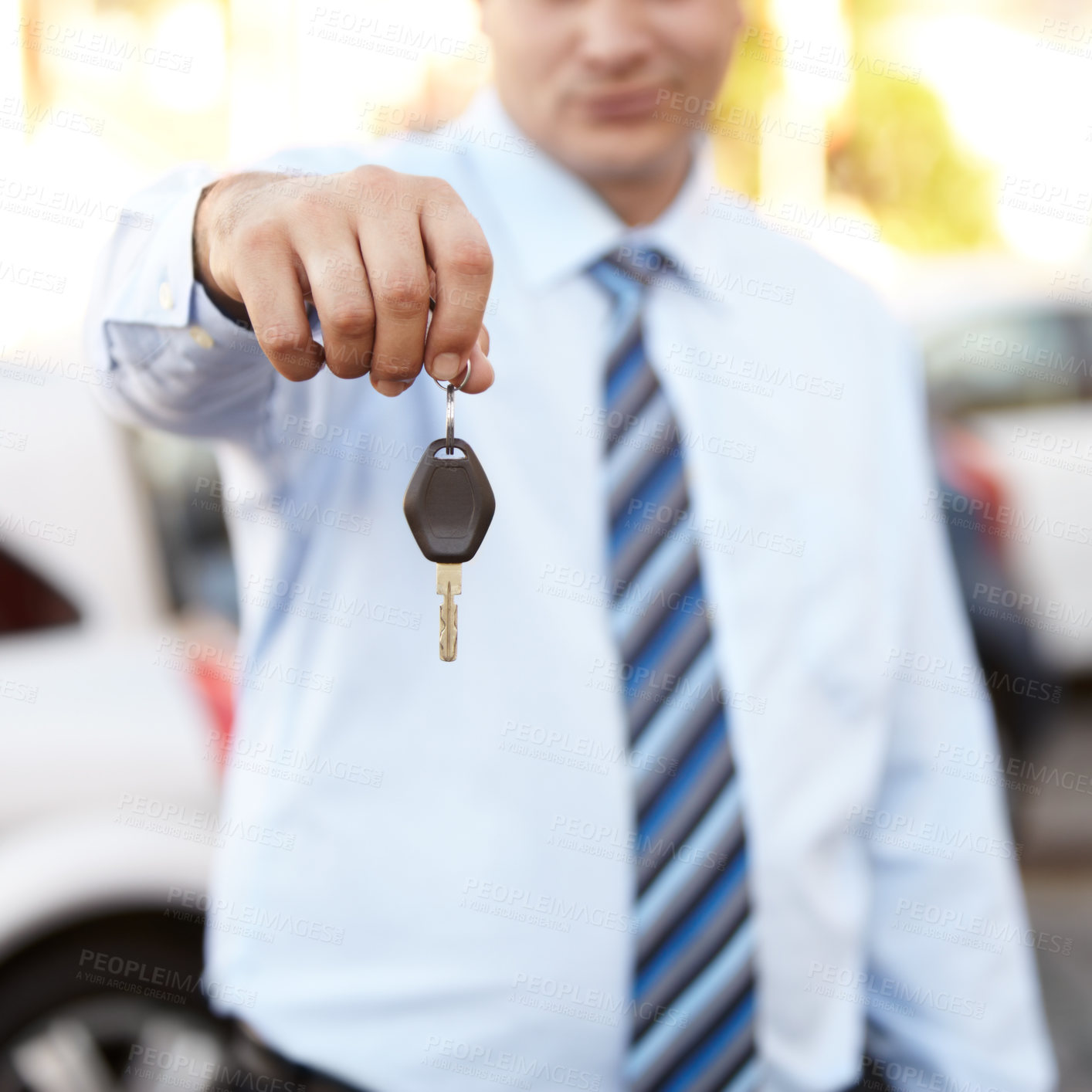 Buy stock photo Businessman, hand and key to car outdoor with sale of auto, transportation and investment. Vehicle, dealership or man with keys in parking lot from salesman for test drive, opportunity or driving