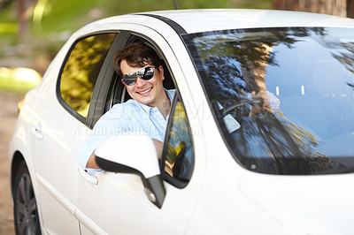 Buy stock photo Happy, portrait and a man in a car for travel, drive or a journey on the road. Smile, morning and a person or driver in a vehicle, motor or transport for driving for a trip, traveling or a commute