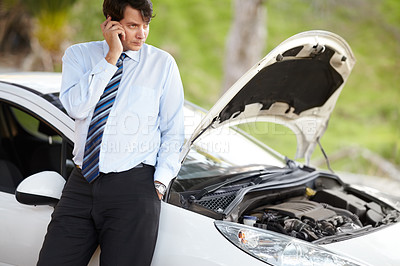 Buy stock photo Man, phone and stress on car breakdown, motor problem and engine failure on road. Male person, call and anxious for roadside assistance, help and auto insurance for vehicle, smartphone and crisis 