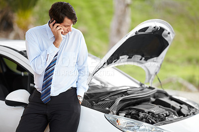 Buy stock photo Roadside assistance, phone call and business man by car in conversation, travel or journey. Smartphone, help and serious person with engine breakdown, transportation insurance and emergency support