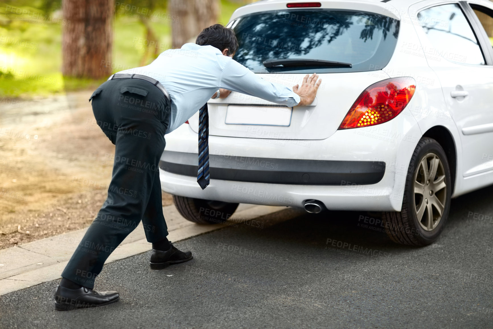 Buy stock photo Businessman, push vehicle or breakdown on road engine fail, emergency tyre or auto service. Male person, strength and work car transport stop or gas petrol crisis travel, oil or risk accident repair