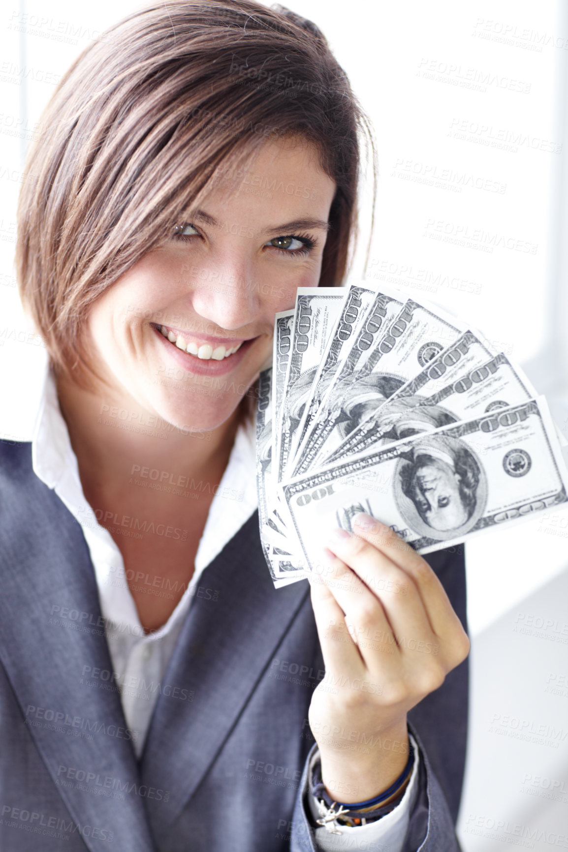 Buy stock photo Portrait, business and woman with cash, bills and savings with investment, profit growth or finance. Face, female person or accountant with money, financial or economy with wealth, bonus and increase