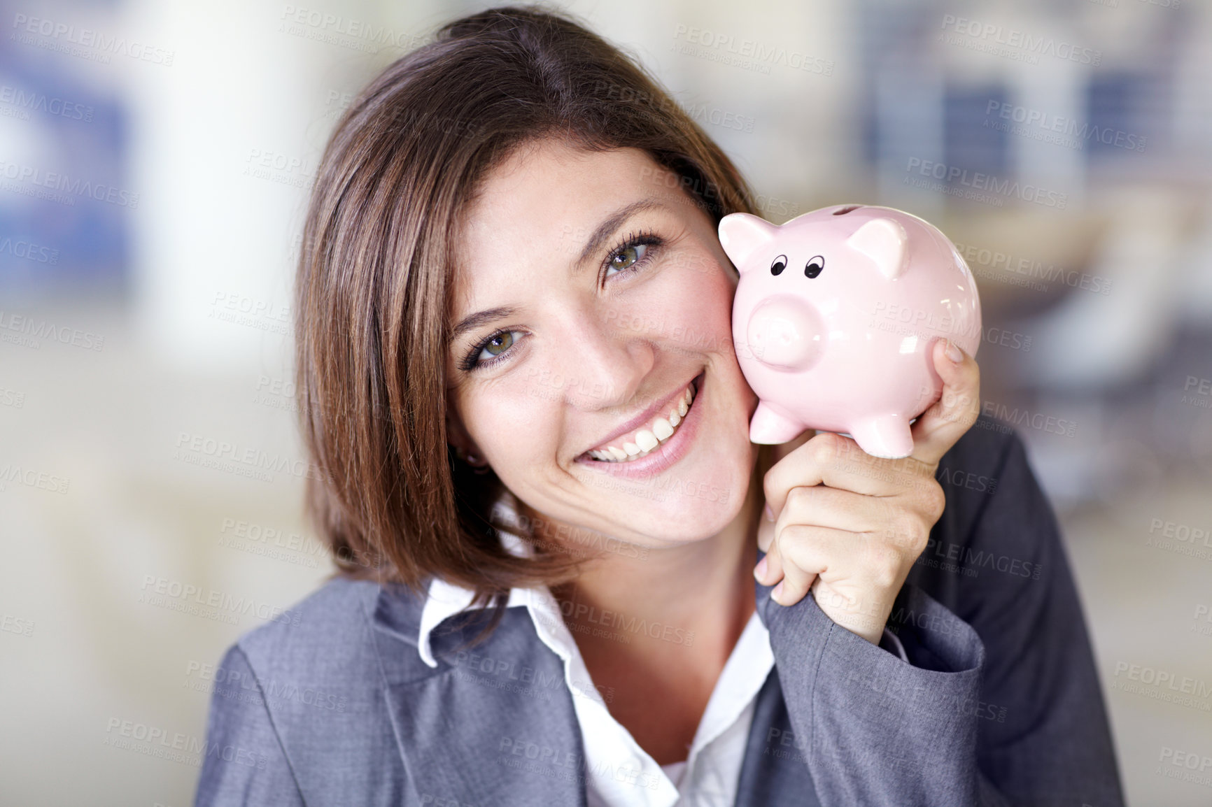 Buy stock photo Happy, finance and portrait of a woman with a piggybank for savings, budget and coins. Smile, money and face of an accounting manager with a tool for insurance, investment profit and cash at work