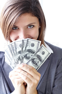 Buy stock photo Portrait of a beautiful businesswoman holding hundred dollar bills