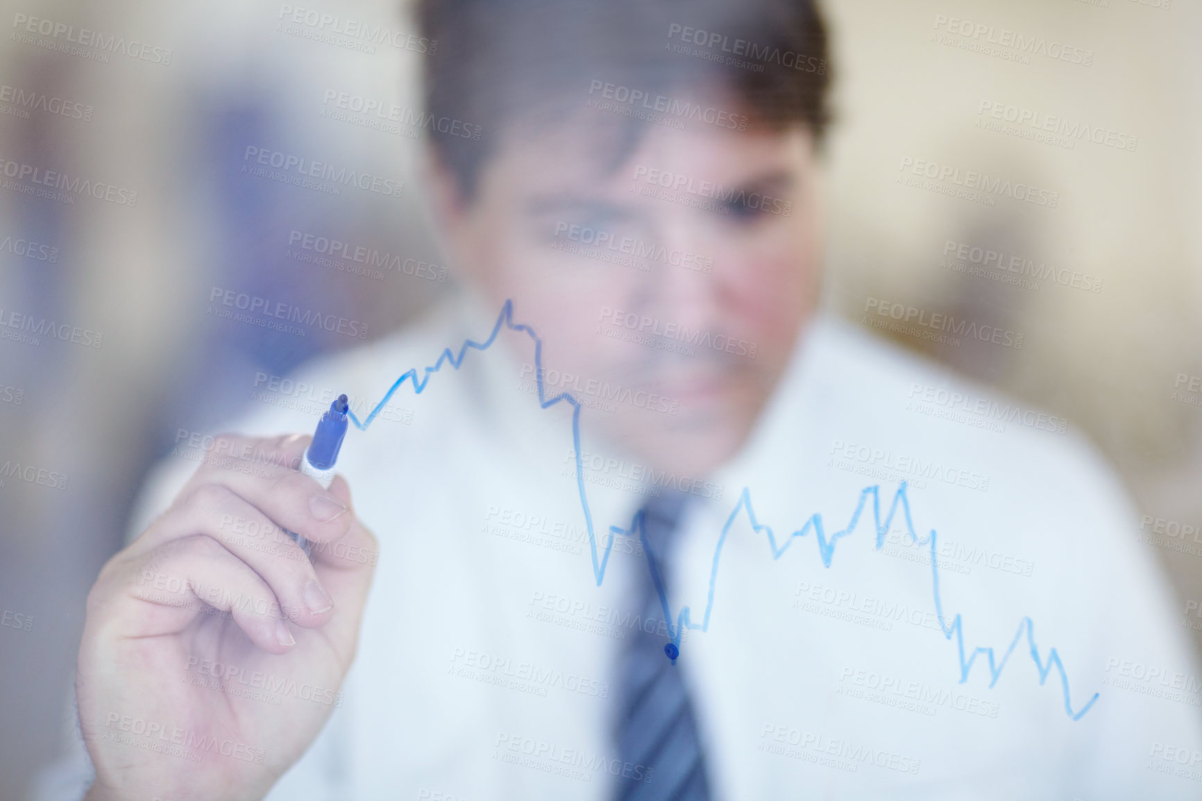 Buy stock photo Glass wall, growth and businessman drawing a chart in the office for company development planning. Board, writing and professional male executive ceo or boss working on graph strategy in workplace.