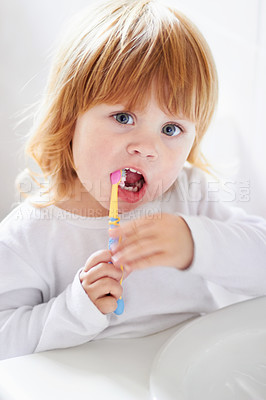 Buy stock photo Portrait of a cute baby brushing her teeth