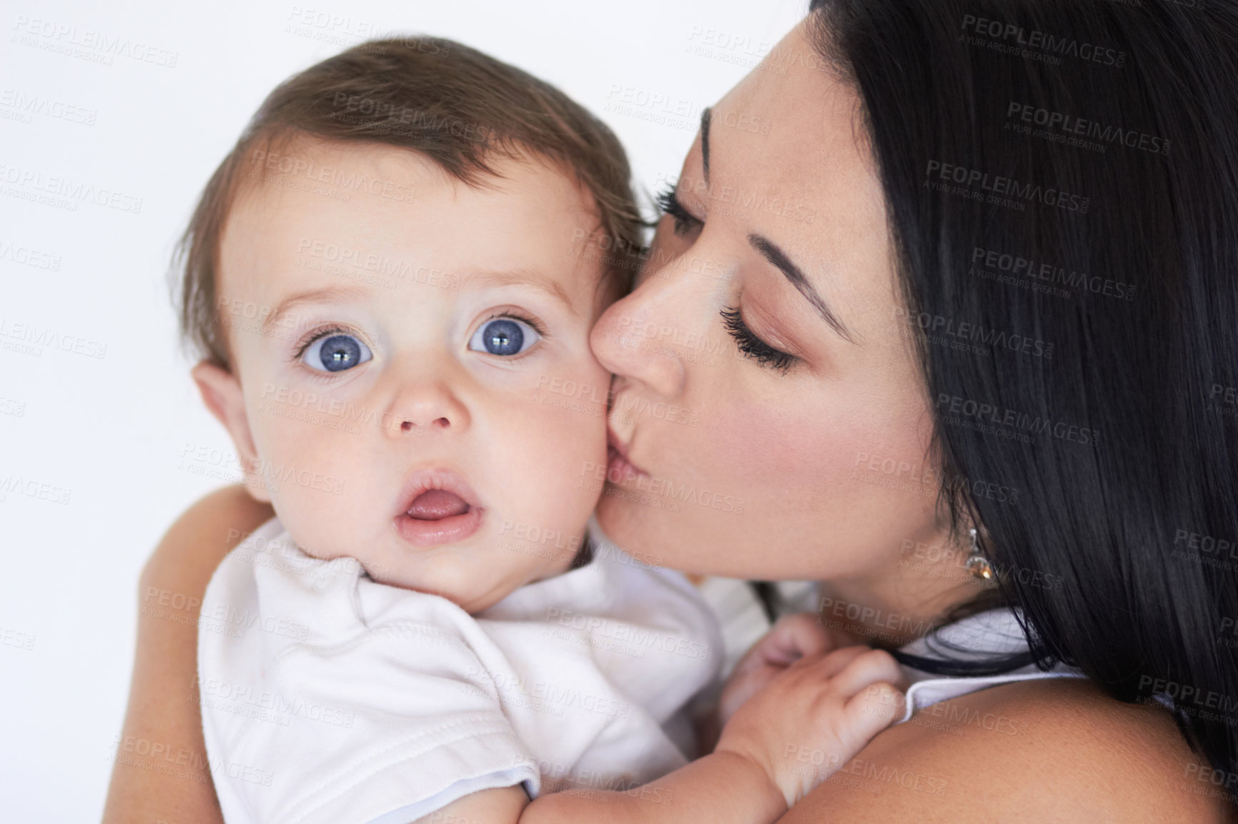 Buy stock photo Happy, kiss and care with mother with baby for bonding, affectionate and growth. Happiness, love and family with face of woman and kissing young child on cheek for cute, sweet and kindness
