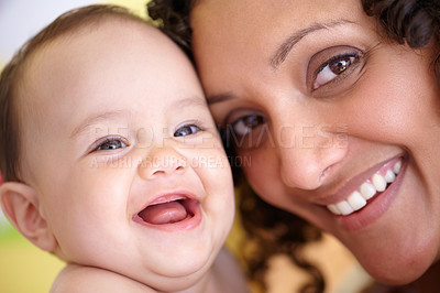 Buy stock photo Mother, baby and closeup portrait of happy faces of Arabic family or picture of mom, laughing kid and fun memory together. Face, healthy child and mommy smile of happiness in home, house or bedroom