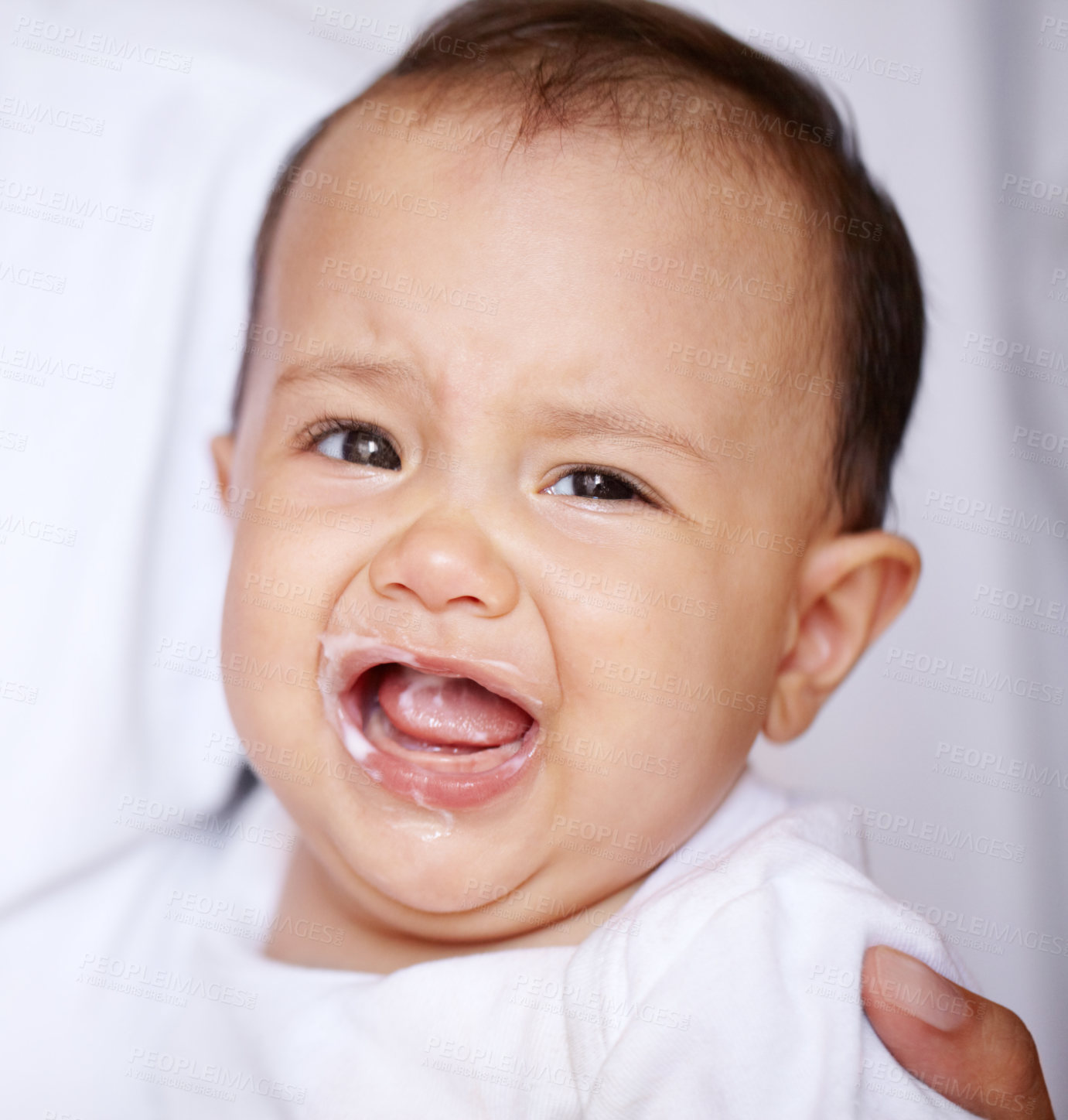 Buy stock photo Baby, crying for milk upset hunger or childhood development, frustrated in mother arms. Infant, scream tears and tired stress or unhappy for growth drink food or distress kid, emotion or parent love