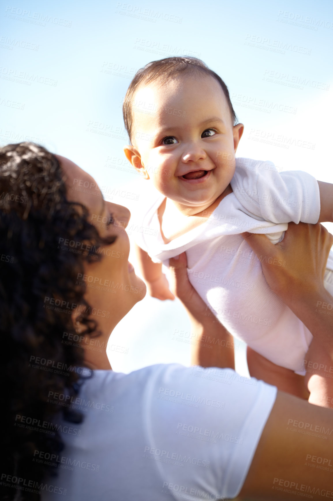 Buy stock photo Family, mother and baby outdoor in summer on a blue sky background with a mother lifting her infant daughter for flying. Love, kids and a mom holding her female child while bonding together in summer