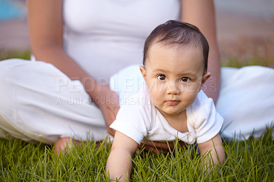 Buy stock photo Portrait, crawling and baby with a mother in the park together during summer for bonding, care and playing. Kids, face and a curious infant child with mama on grass, garden and in nature outdoor