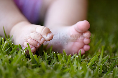 Buy stock photo Feet, closeup and baby outdoor on grass, lawn and newborn toes on field in nature. Child, development or foot touching green, plants and close up of kid legs in garden with sensory experience 