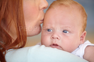 Buy stock photo Kiss, baby and portrait of newborn with mother in home bonding together with affection. Calm, face and mom carrying infant child in arms to relax in house with love, care and support with mommy