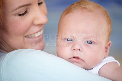 Buy stock photo Baby, relax and portrait of newborn with mother in home holding infant and bonding together with a smile. Child, happiness and mom carrying boy in arms with love, care and support of mommy in house