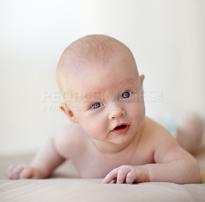 Buy stock photo Newborn, baby and portrait on stomach bed in home for healthy childhood development, growth or learning. Infant, kid and face on belly curious interest or search environment, safety or discovery