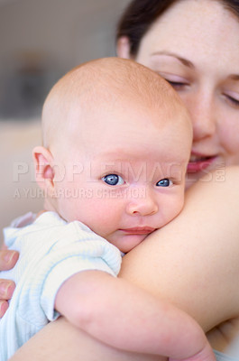 Buy stock photo Portrait, child and mother holding baby, bonding and care together in home. Face, kid and mom carrying newborn, infant or young toddler, playing and enjoying quality time with love, family and happy.