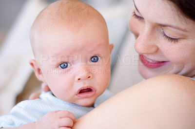Buy stock photo Portrait, child and mom holding baby, bonding and care together in home. Face, kid and mother carrying newborn, infant or young toddler, playing and enjoying quality time with love, family and happy.