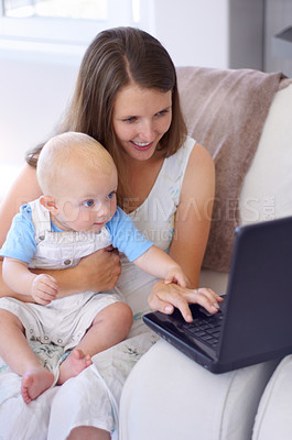 Buy stock photo Video call, baby and mother with a laptop, care and connection with social media, nurture and happiness. Mama, mom and female parent with a newborn, infant and pc for conversation, love and network