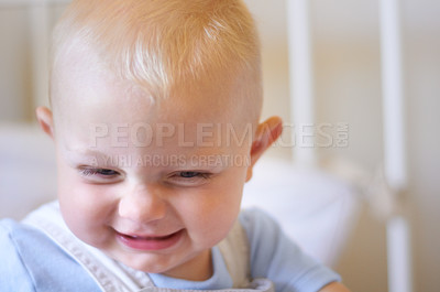 Buy stock photo Funny, children and baby in the crib of a nursery in his home for growth, child development or curiosity. Kids, laughing and toddler with a male or boy child standing in his cot looking adorable