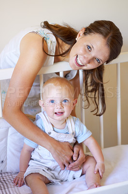 Buy stock photo Happy family, portrait of a woman with her baby and in a crib of their home together with a smile. Happiness or development, love or care and mother with her child in a bedroom of their house