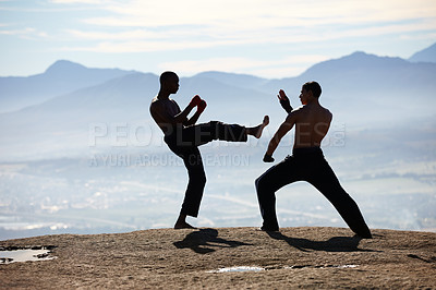 Buy stock photo Karate, kick and and fitness men on mountain top for body, speed or performance training. Martial arts, defense or taekwondo workout by MMA friends in nature for morning cardio, exercise or sports