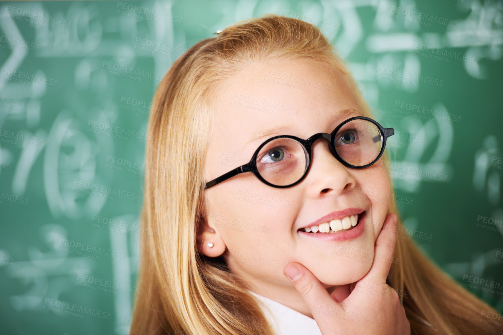 Buy stock photo Thinking, idea and child student with glasses by board for planning, decision or brainstorming in classroom. Education, learning and girl kid with choice, vision or solution face expression in school