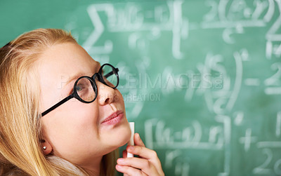Buy stock photo Thinking, chalk and kid student with brainstorming by board for planning, decision or solution in classroom. Education, learning and girl child with drawing for choice, vision or future in school.