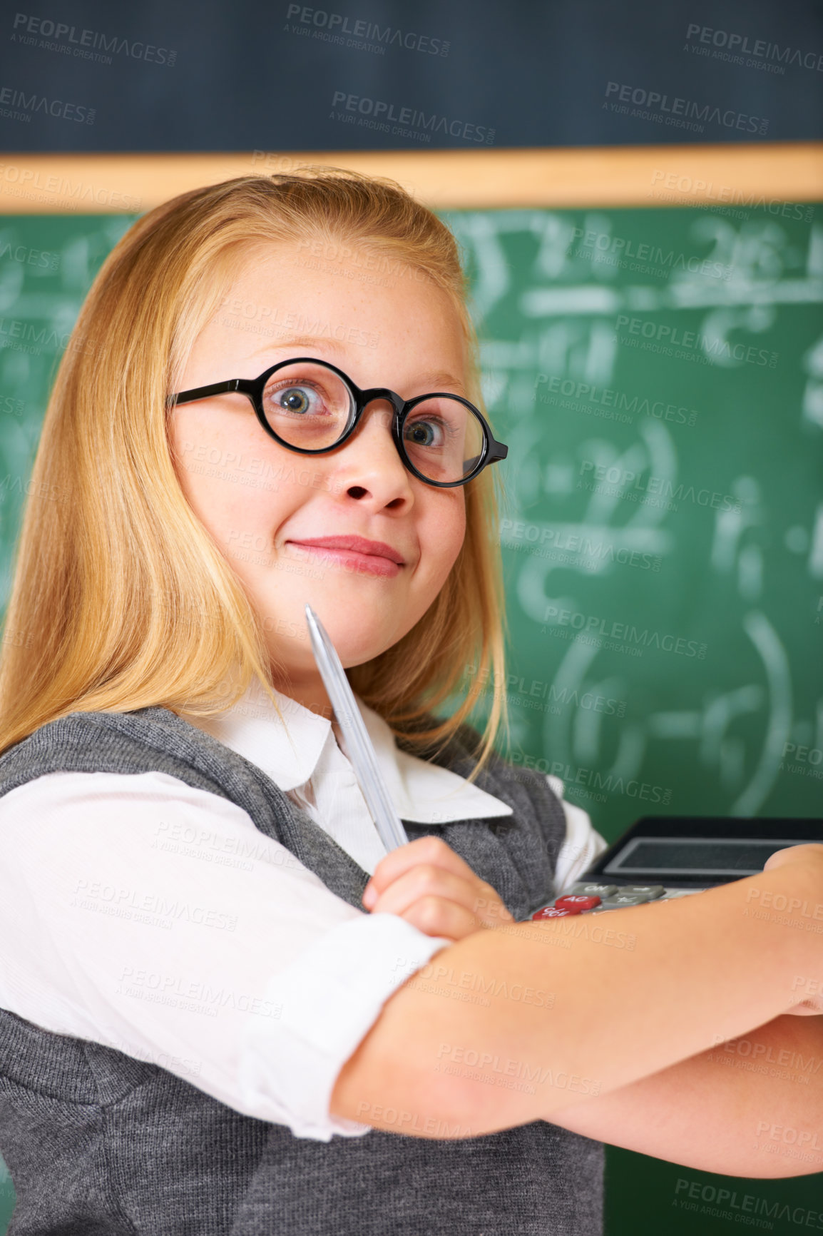 Buy stock photo Thinking, math and child student in classroom with idea, solution or brainstorming facial expression. Smile, education and young girl kid with glasses for learning or planning with board in school.