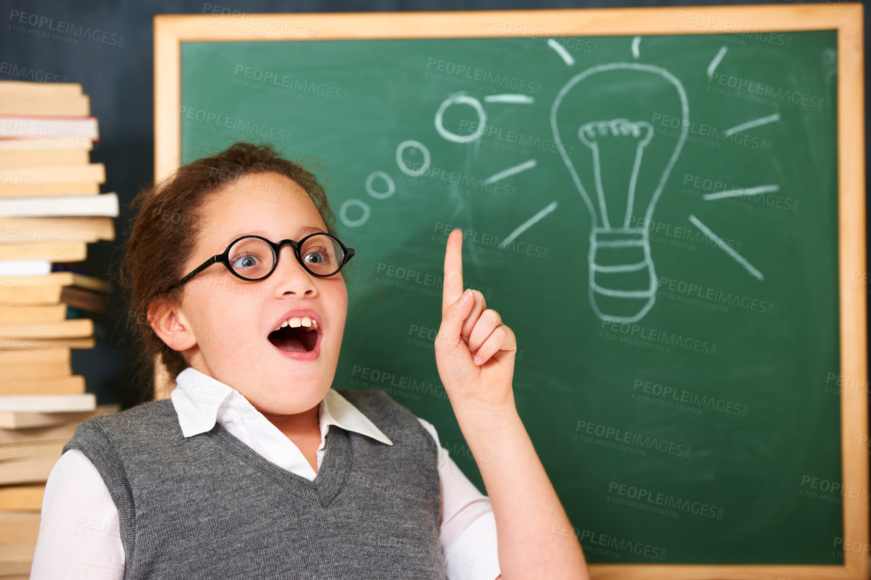 Buy stock photo Girl, thinking and lightbulb on chalkboard for solution, ideas and wow in education, learning and classroom knowledge. Child, student or school kid with vision, inspiration and light bulb doodle