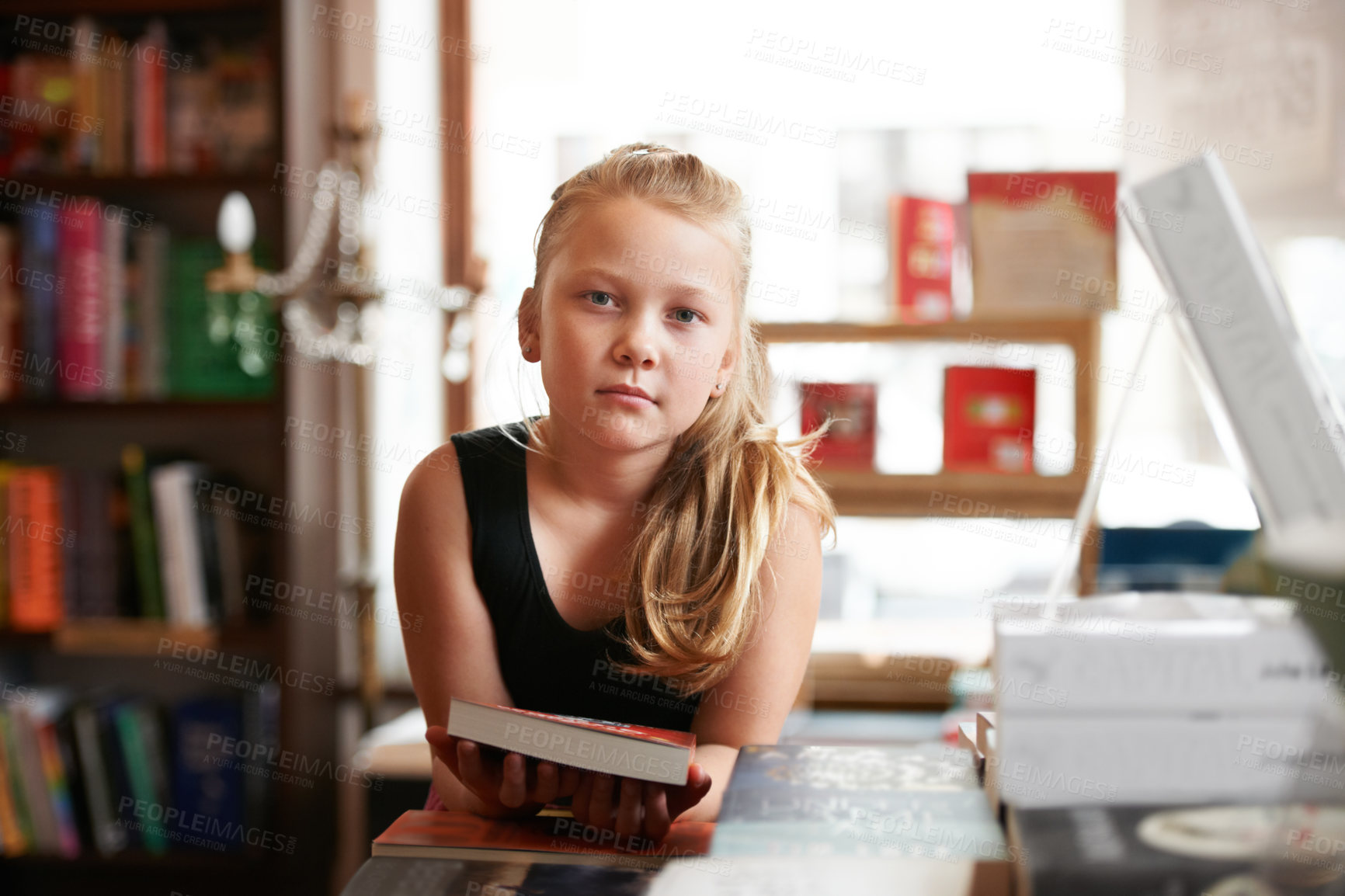 Buy stock photo Girl kid in portrait, book and education, story for knowledge or entertainment with customer in bookshop. Library, store and learn for development and growth, fiction or literature with young child