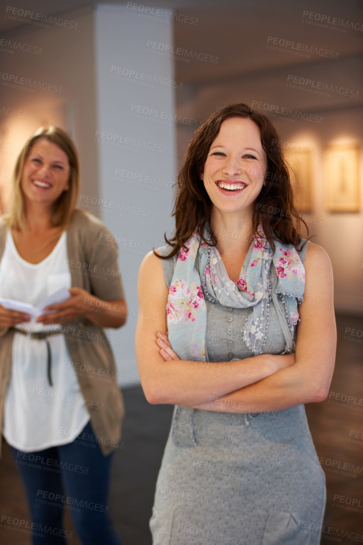 Buy stock photo Smile, arms crossed and portrait of a woman with pride in art, exhibition and work at a gallery. Happy, learning and a museum manager or employee at a job for creativity, teaching and culture