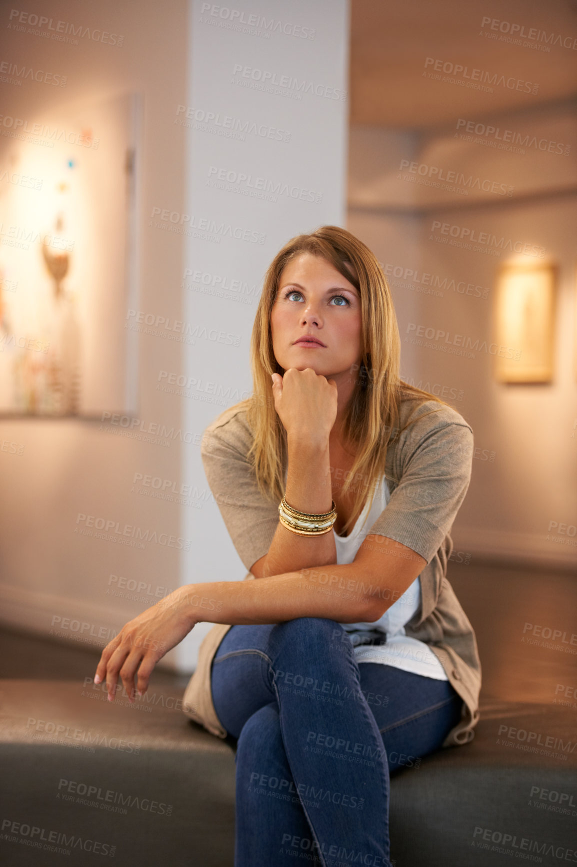Buy stock photo Thinking, creative and woman at a gallery for art, exhibition or education on culture. Idea, studying and a girl looking at creativity or paintings in a museum for inspiration, learning or collection