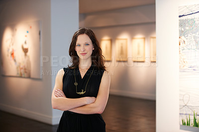 Buy stock photo Pride, arms crossed and portrait of a woman at an art gallery for an exhibition. Creative, culture and a museum manager with management of paintings, collection and curator of pictures at a studio