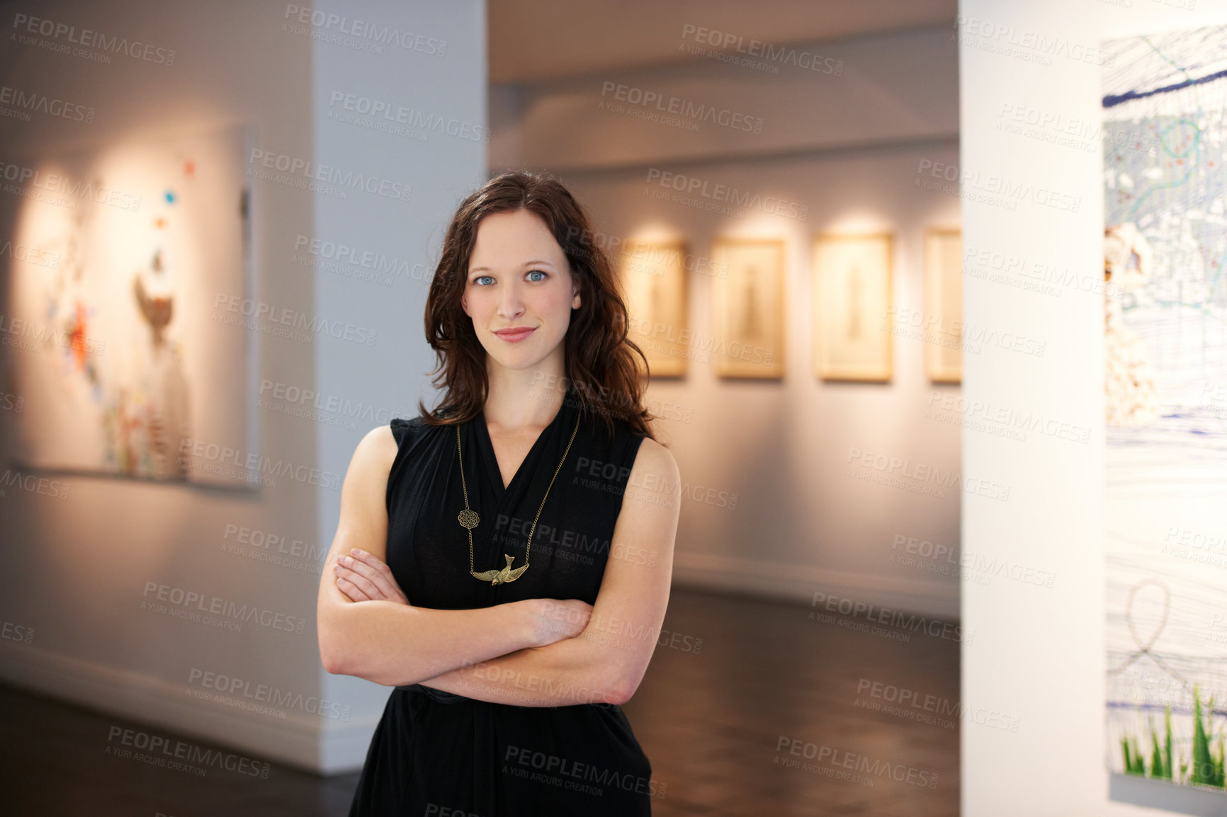 Buy stock photo Pride, arms crossed and portrait of a woman at an art gallery for an exhibition. Creative, culture and a museum manager with management of paintings, collection and curator of pictures at a studio
