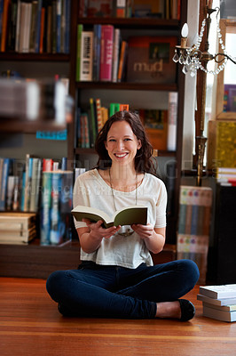 Buy stock photo Reading, books and portrait of woman on floor in bookstore, library or shop for research, learning and relax. Literature, customer and happy person with book for education, information and knowledge