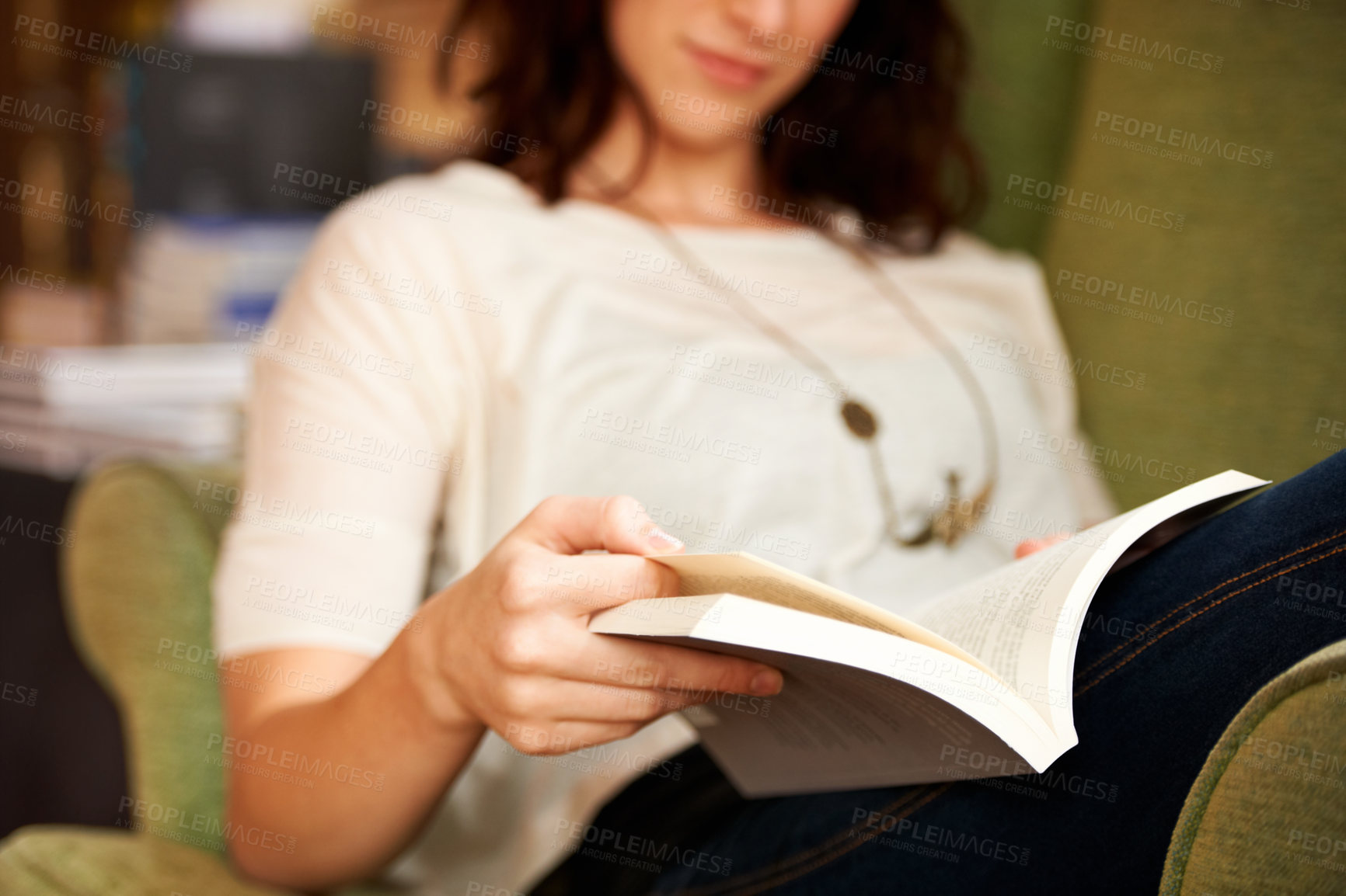 Buy stock photo Reading, books and hands on sofa in library, bookstore or shop for research, learning and relax on couch. Literature, customer and person with book for education, information and knowledge for hobby