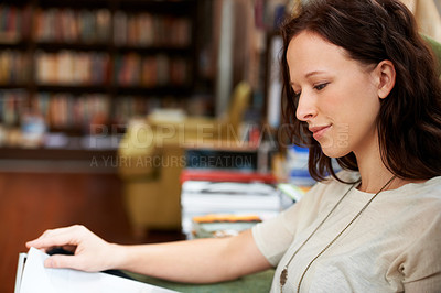 Buy stock photo Reading, books and woman relax in bookstore, library or shop for research, learning and study. Literature, customer and happy person with book for education, information and knowledge for hobby