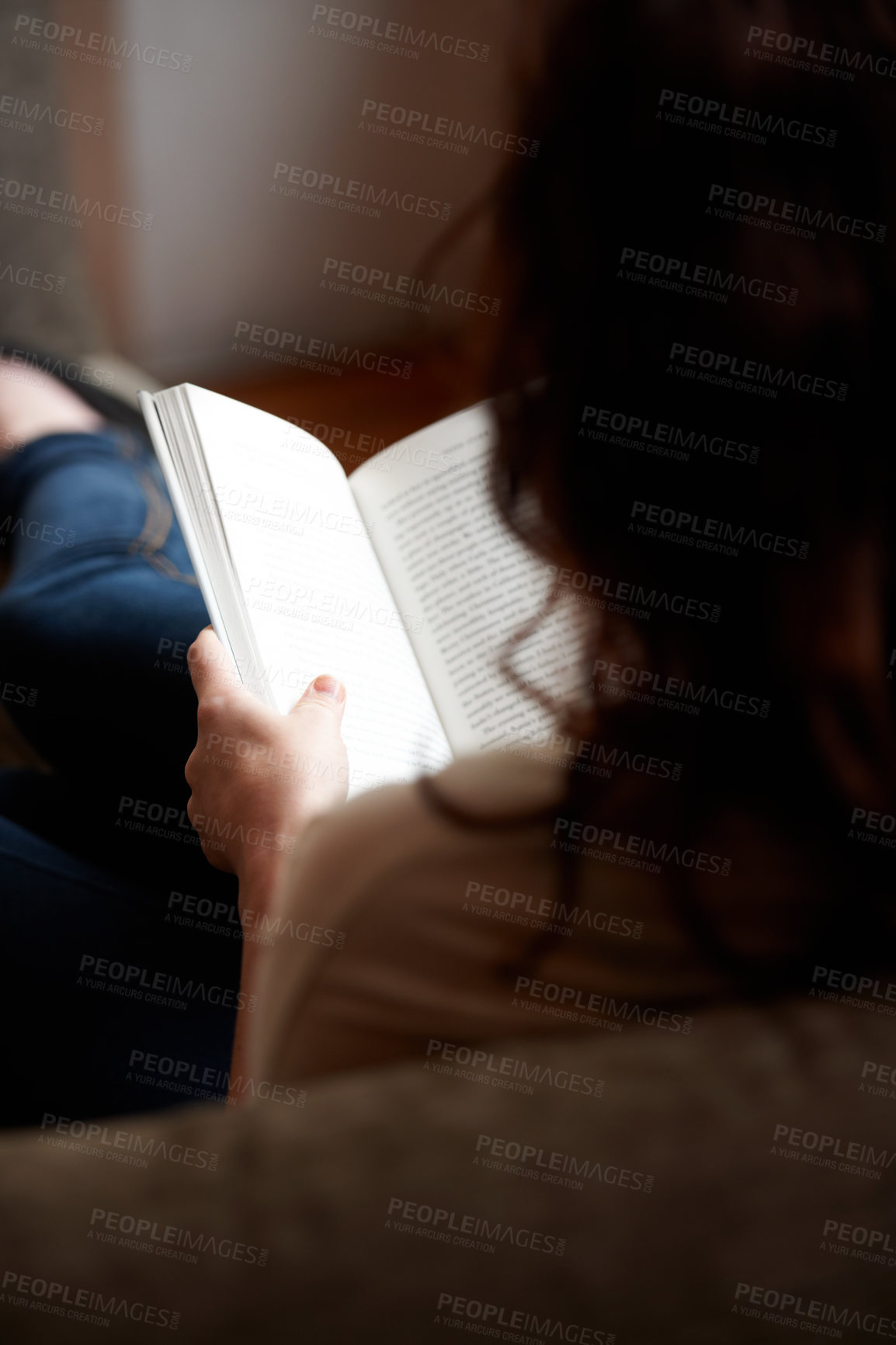 Buy stock photo Reading, books and person relax on sofa, living room and home for research, learning and study. Literature, story and back of woman with book for education, information and knowledge for hobby