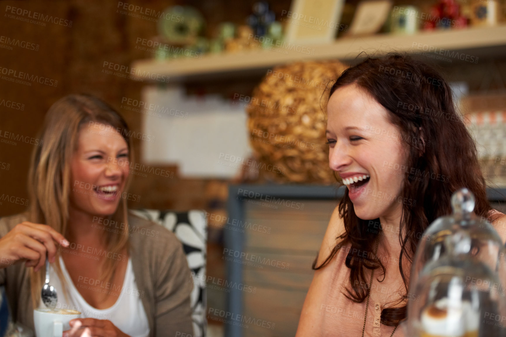 Buy stock photo Women friends, laughing and talk in cafe for reunion, thinking and happy with drink together for memory. Girl, coffee shop and relax with chat, conversation and funny joke for gossip, story or news