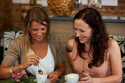 Buy stock photo Women friends, laughing and talk in coffee shop for reunion, thinking and happy with drink together for memory. Girl, cafe and relax with chat, conversation and funny joke for gossip, story or news
