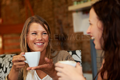 Buy stock photo Women friends, happy and talk in cafe for reunion, thinking and smile with drink together for speaking. Girl, coffee shop and relax with laughing, conversation or funny joke for gossip, story or news